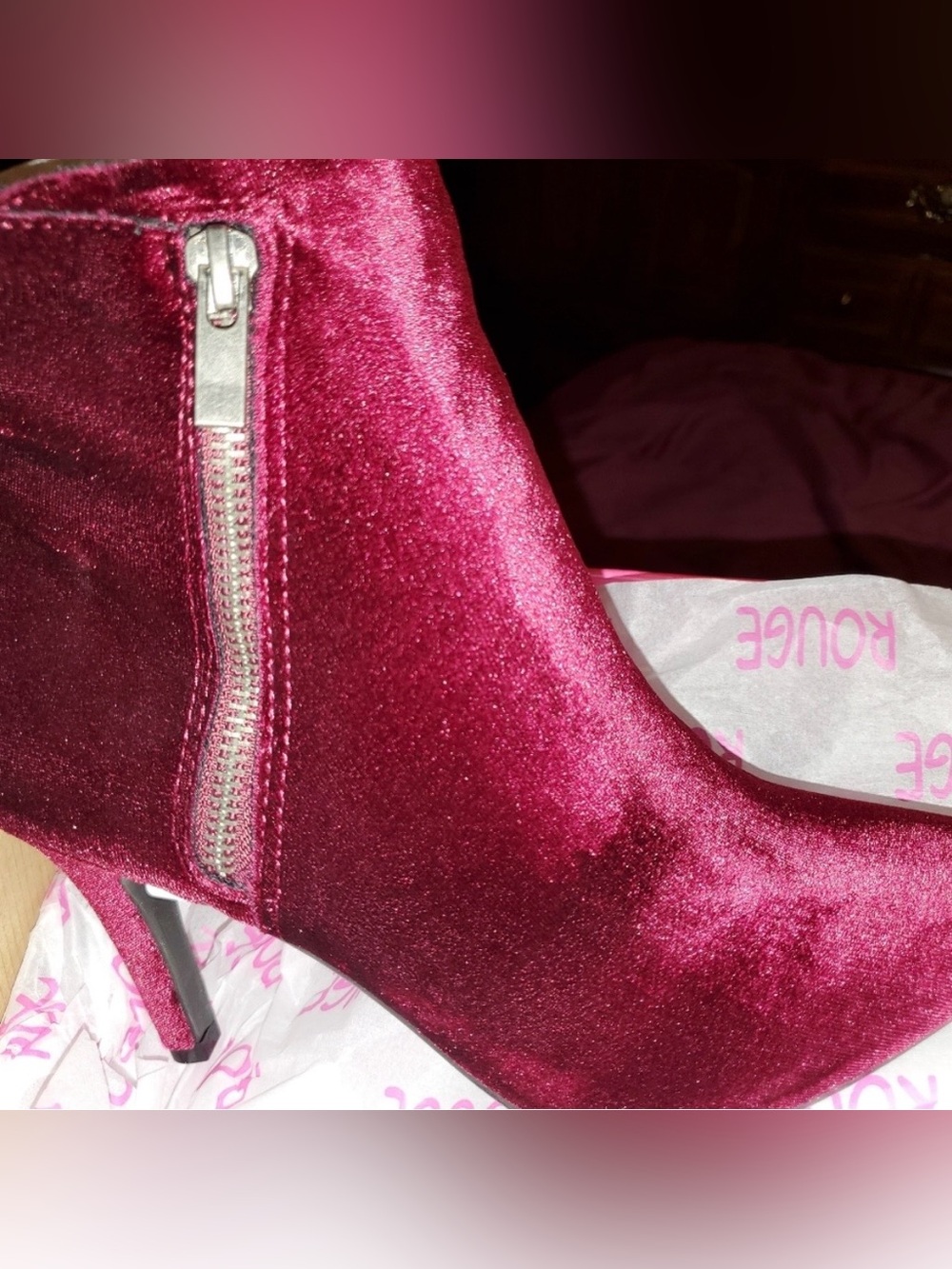Rouge! New Burgundy Velvet Booties (pointed toe, side zipper & 3 3/4 in heel)